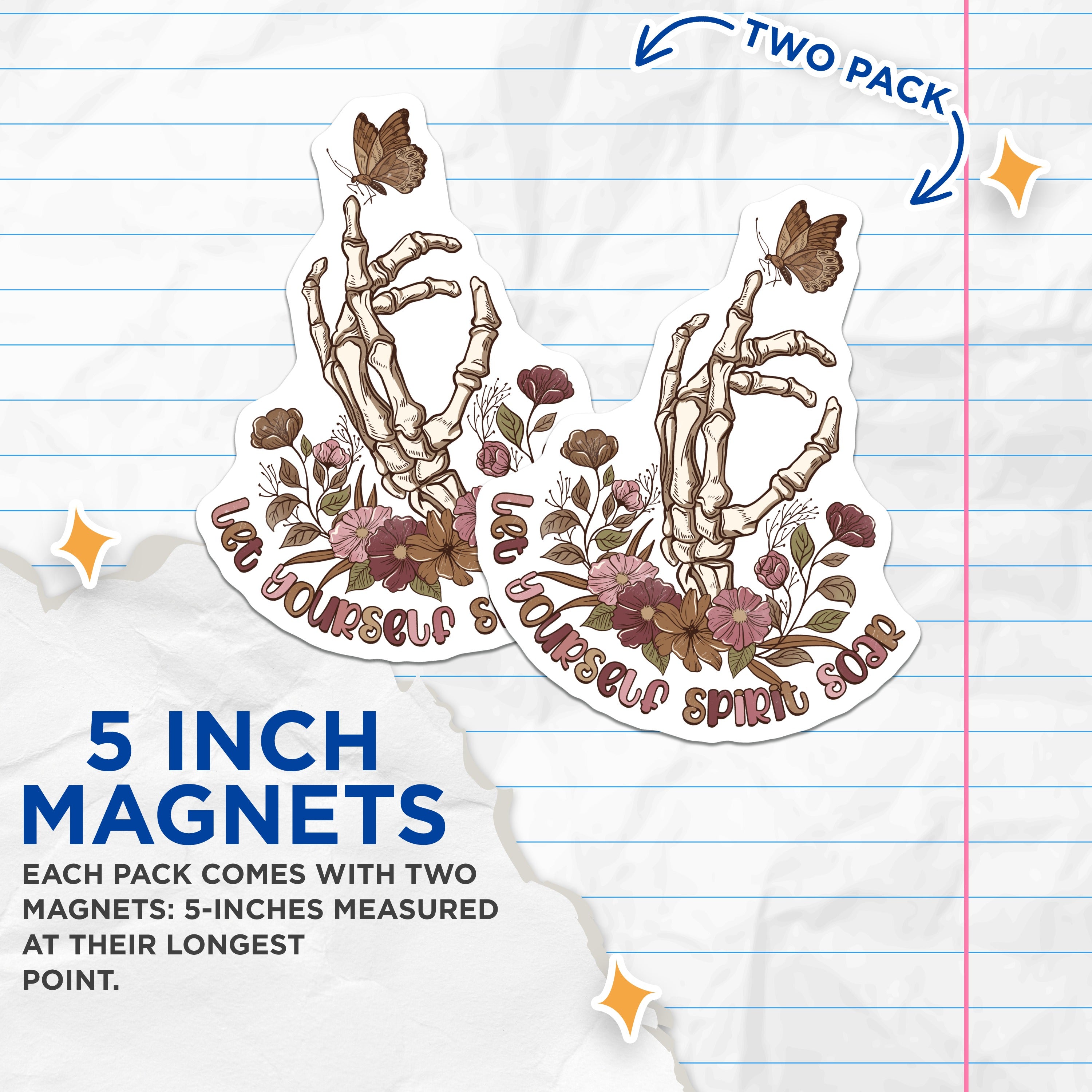 (2 Pack) Boho Skeleton Hand Magnets - Let Your Spirit Soar - Butterfly Floral Decor Aesthetic - 5 Inches On Longest Side - Thick Durable Magnet - Made in USA - MAG38163