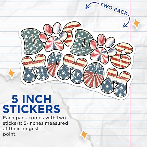 (2 Pack) Dog Mom Stickers - American Flag Decals - Patriotic Dog Owner Stickers - 5" On Longest Side - Sticks to Smooth Flat Surfaces - Made in USA - BMCS6038