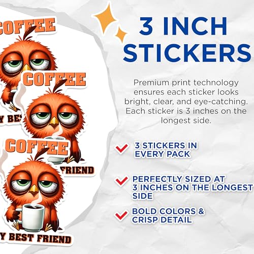 (3 Pack) Coffee Owl Decals - Laptop Decals - My Best Friend Design - 3 Inches On Longest Side - Easy Peel & Apply - Made in USA - 3MCS1583