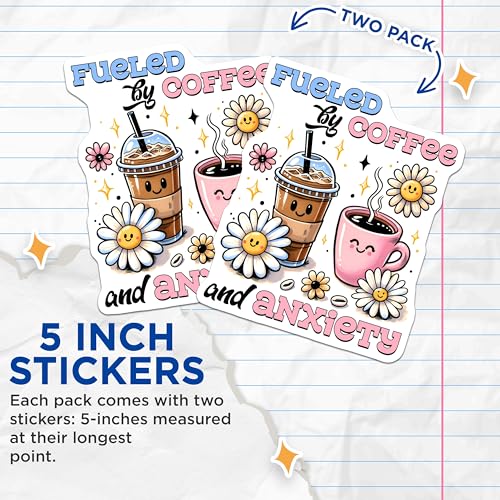 (2 Pack) Fueled by Coffee Stickers - Cute Funny Coffee - Kawaii Anxiety Relief - 5" On Longest Side - Sticks to Smooth Flat Surfaces - Made in USA - BMCS7523