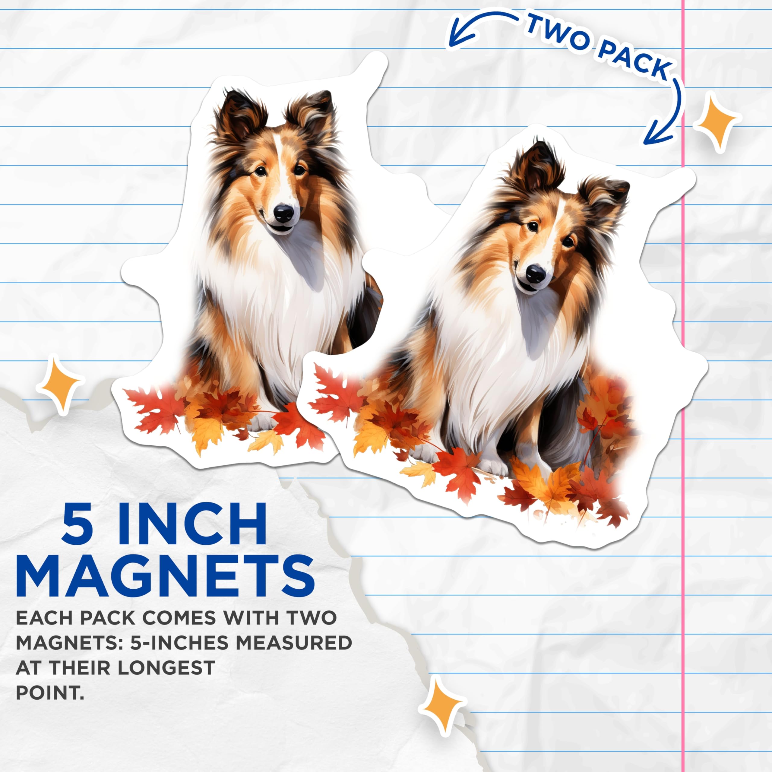 (2 Pack) Sheltie Dog Magnets - Autumn Leaves Decor - Shetland Sheepdog Fall Art - 5 Inches On Longest Side - Thick Durable Magnet - Made in USA - MAG23559