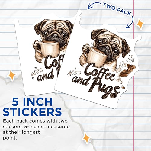 (2 Pack) Coffee and Pugs Stickers - Dog Lover Stickers - Cute Puppy Sticker - 5" On Longest Side - Sticks to Smooth Flat Surfaces - Made in USA - BMCS5107