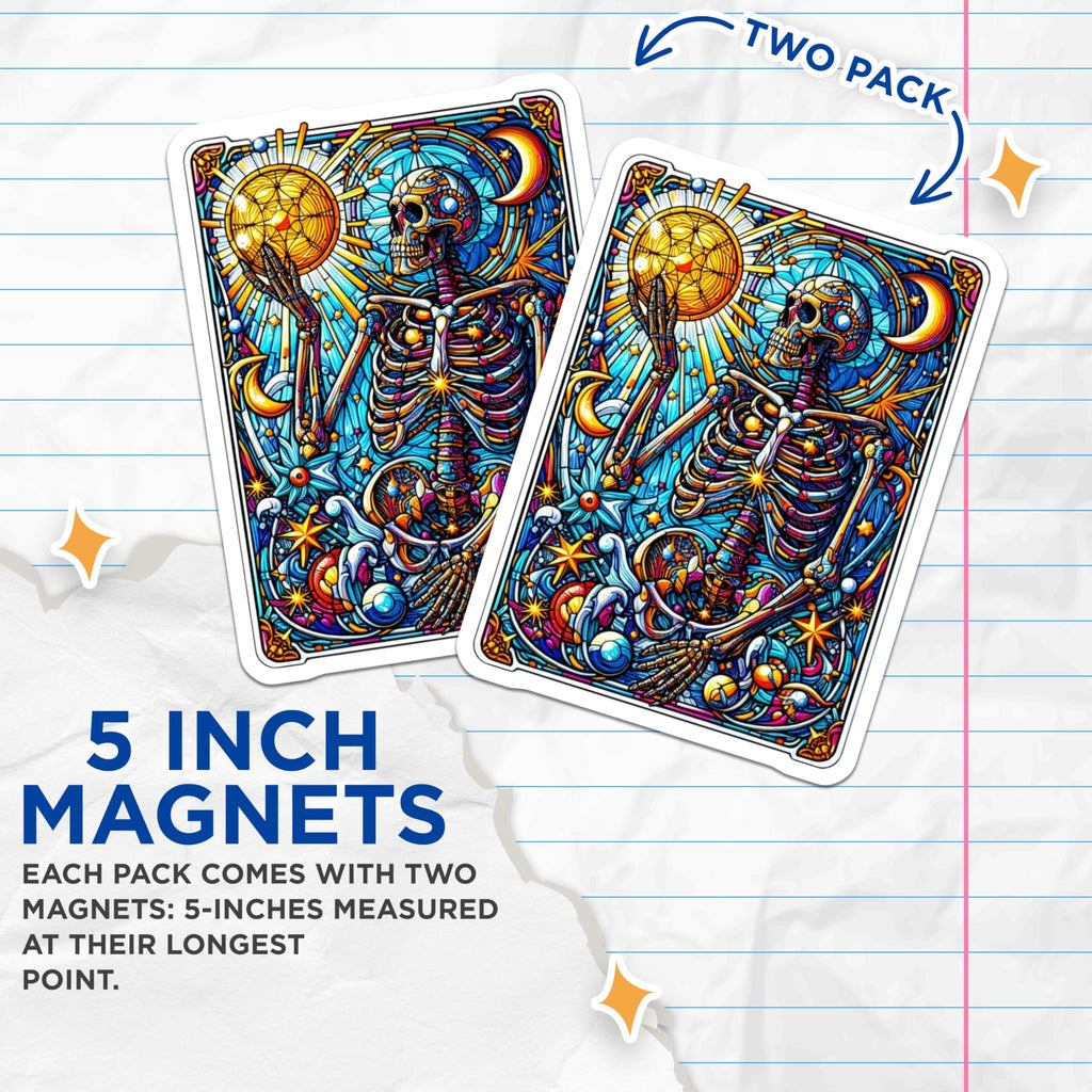(2 Pack) Stained Glass Skeleton Magnets - Celestial Sun Moon Art - Mystical Skull Decor - 5 Inches On Longest Side - Thick Durable Magnet - Made in USA - MAG20262