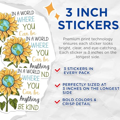 (3 Pack) Sunflower Earth Decals - Be Kind Stickers - Inspirational Quote Decals - 3 Inches On Longest Side - Easy Peel & Apply - Made in USA - 3MCS2969