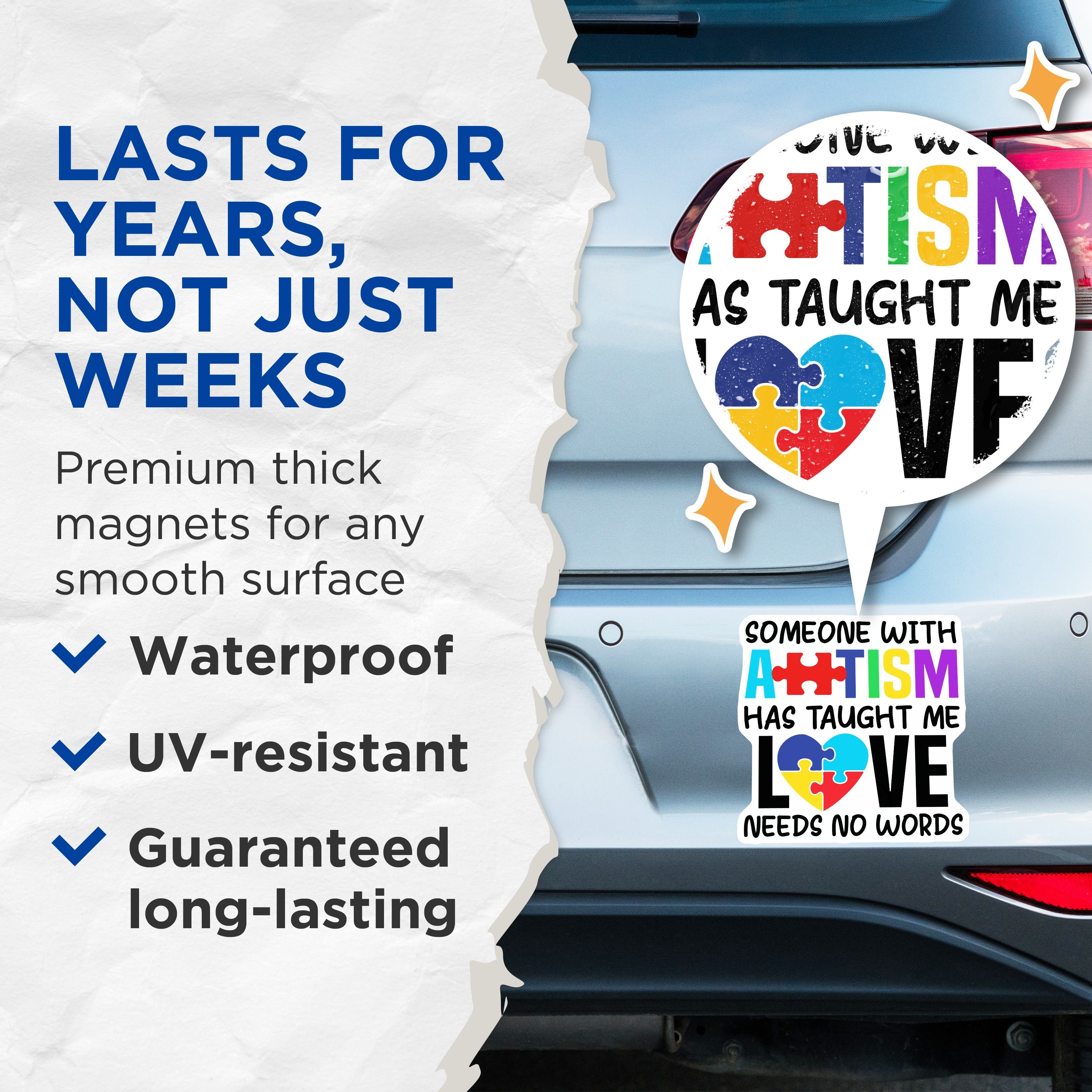 (2 Pack) Autism Awareness Magnets - Neurodiversity Support - Love Needs No Words Decor - 5 Inches On Longest Side - Thick Durable Magnet - Made in USA - MAG36363