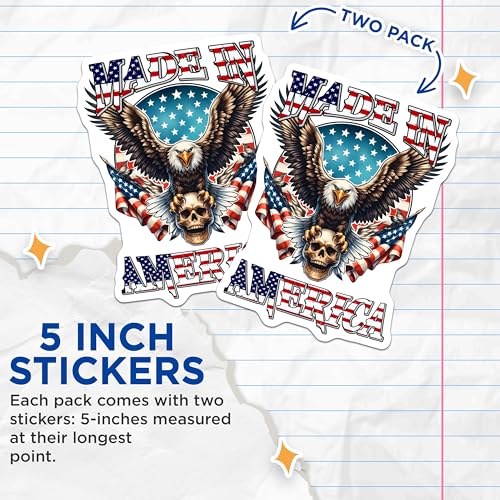 (2 Pack) Made in America Stickers - Patriotic Eagle Skull - USA Flag Decal for Laptop or Car - 5" On Longest Side - Sticks to Smooth Flat Surfaces - Made in USA - BMCS7395