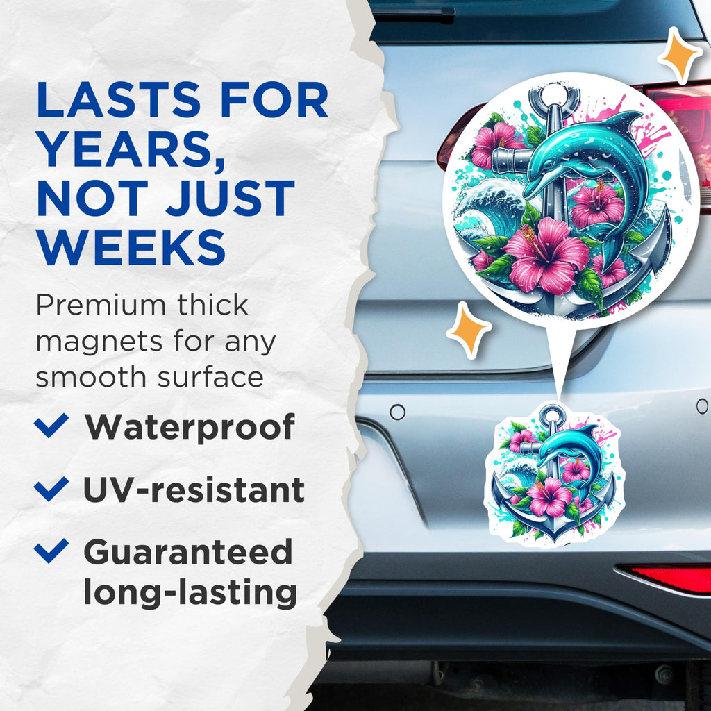 (2 Pack) Dolphin Anchors Magnets - Hibiscus Flower - Ocean Wave Summer Theme - 5" On Longest Side - Premium Magnet - for Cars, Refrigerators, Toolboxes, Lockers - Made in USA - MAG16484