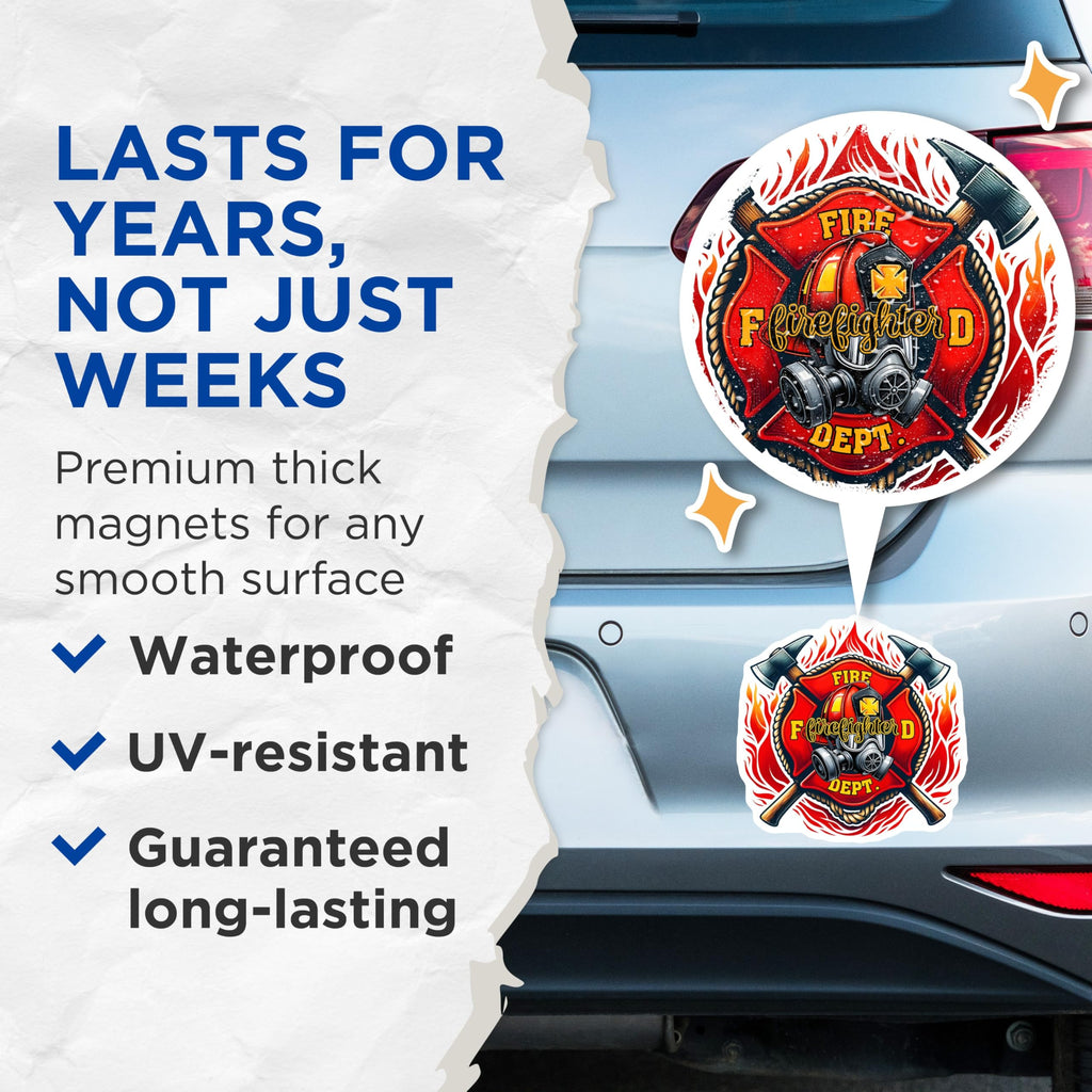 (2 Pack) Firefighter Magnets - Fire Dept Symbol- First Responder Decor - 5" On Longest Side - Premium Magnet - for Cars, Refrigerators, Toolboxes, Lockers - Made in USA - MAG15466