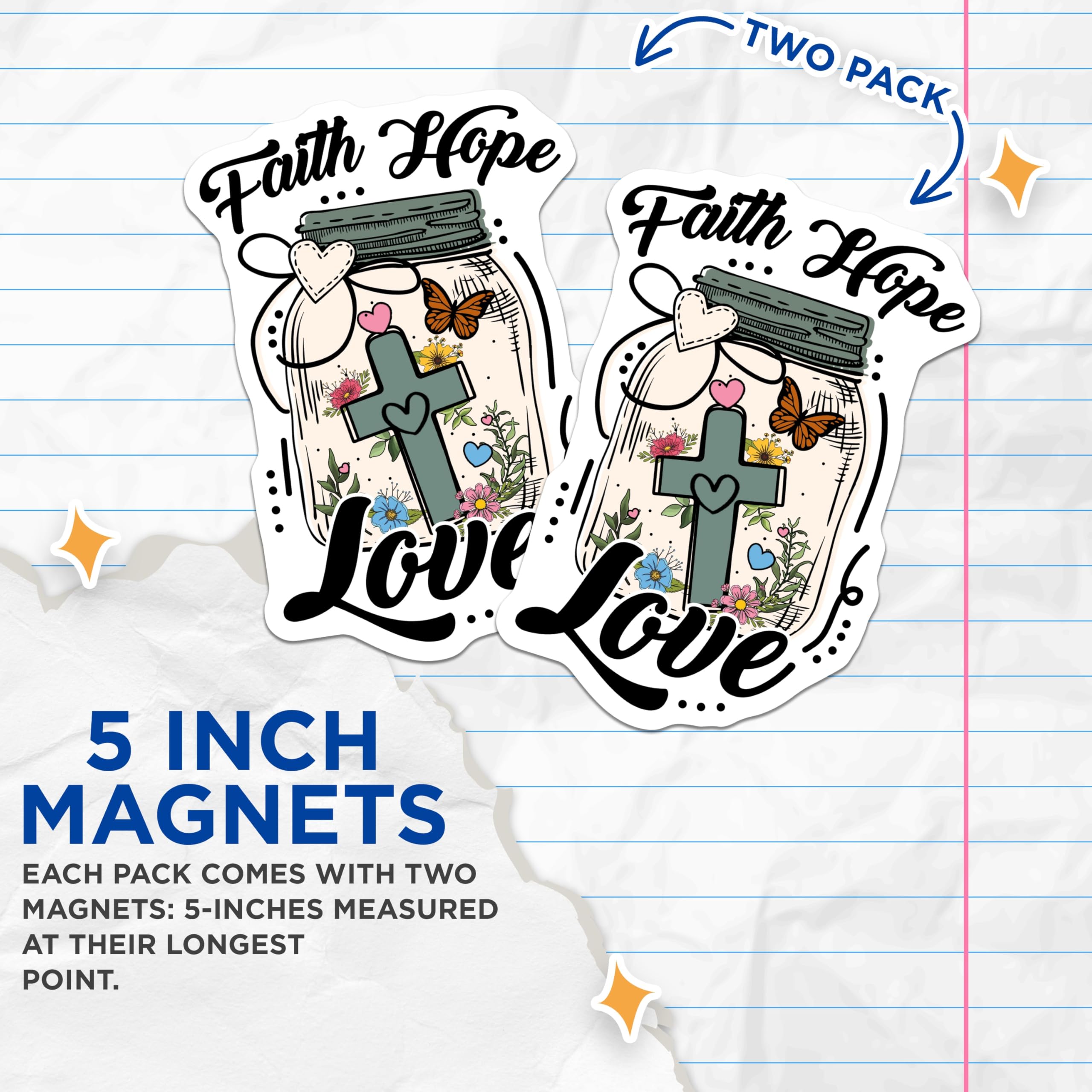 (2 Pack) Faith Hope Love Magnets - Christian Refrigerator Decor - Inspirational Kitchen Accents - 5 Inches On Longest Side - Thick Durable Magnet - Made in USA - MAG27838
