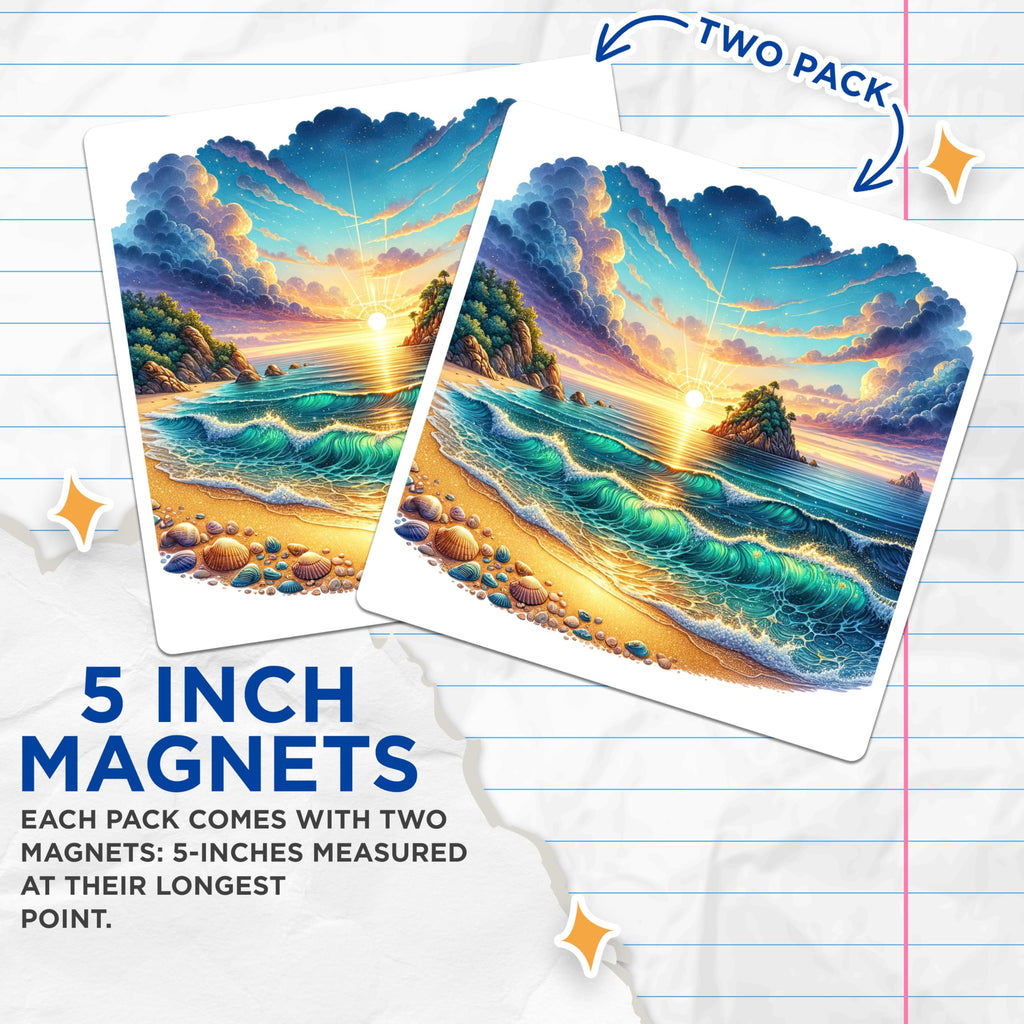(2 Pack) Vibrant Beach Sunset Magnets - Ocean Waves Scenery - Tropical Island Art - 5 Inches On Longest Side - Thick Durable Magnet - Made in USA - MAG24302