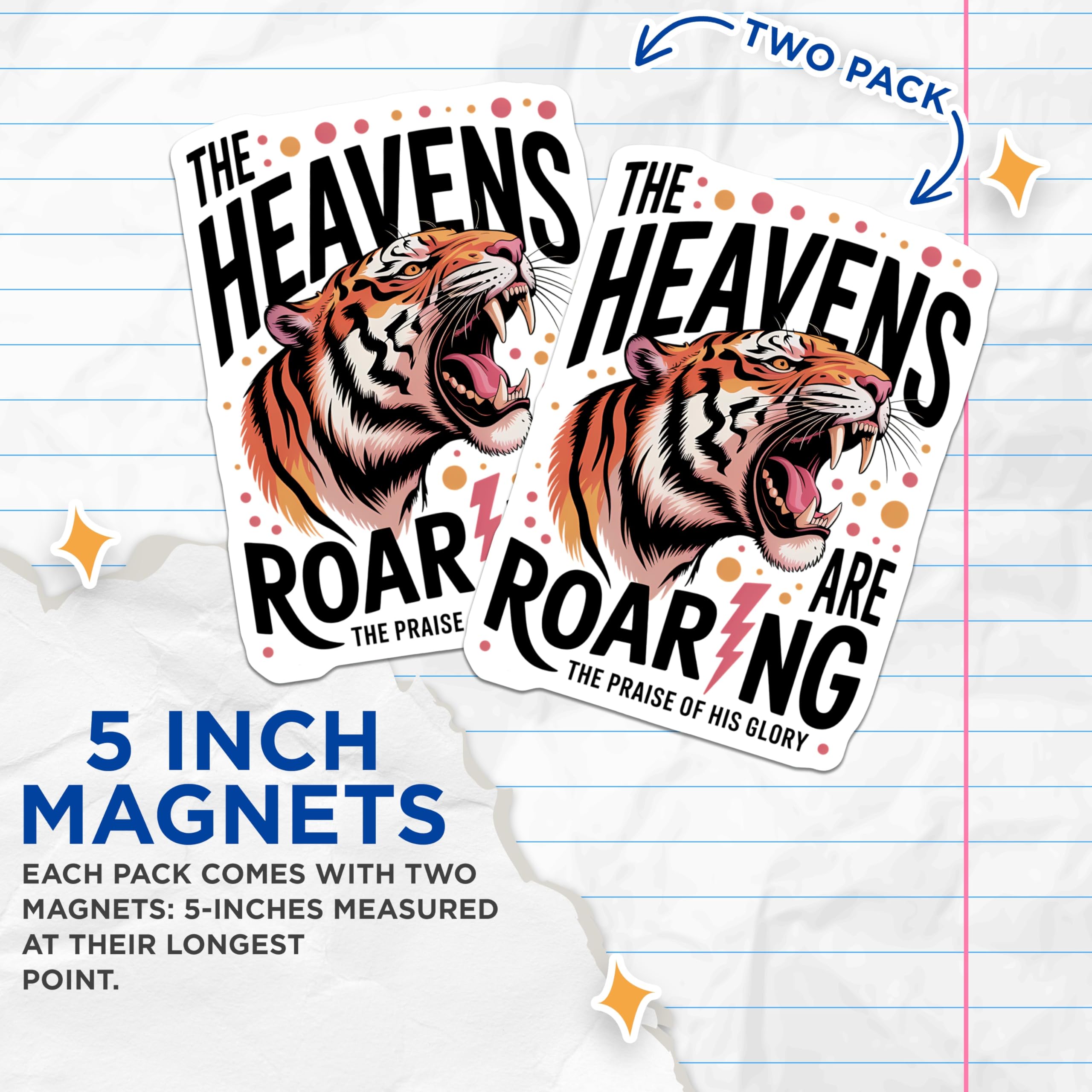 (2 Pack) Roaring Tiger Magnets - The Heavens are Roaring Verse - Christian Faith Statement - God's Glory Inspirational Decor - 5 Inches On Longest Side - Thick Durable Magnet - Made in USA - MAG21772