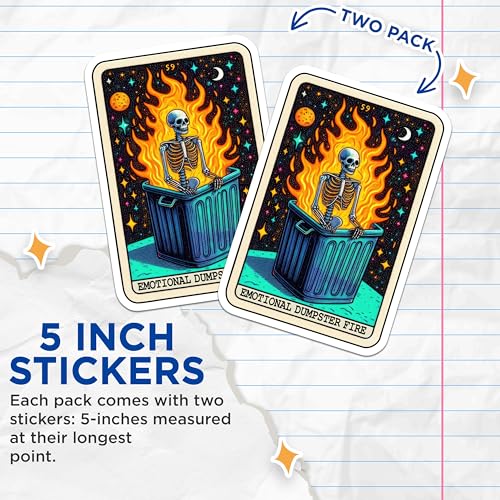 (2 Pack) Emotional Dumpster Fire Stickers - Skeleton Fire Stickers - Funny Illustrated Stickers - 5" On Longest Side - Sticks to Smooth Flat Surfaces - Made in USA - BMCS4859