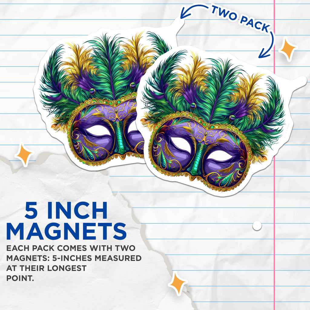 (2 Pack) Mardi Gras Mask Magnets - Festive Carnival Party Decor - Masquerade Ball Souvenir - New Orleans Celebration Keepsake - 5 Inches On Longest Side - Thick Durable Magnet - Made in USA - MAG36802