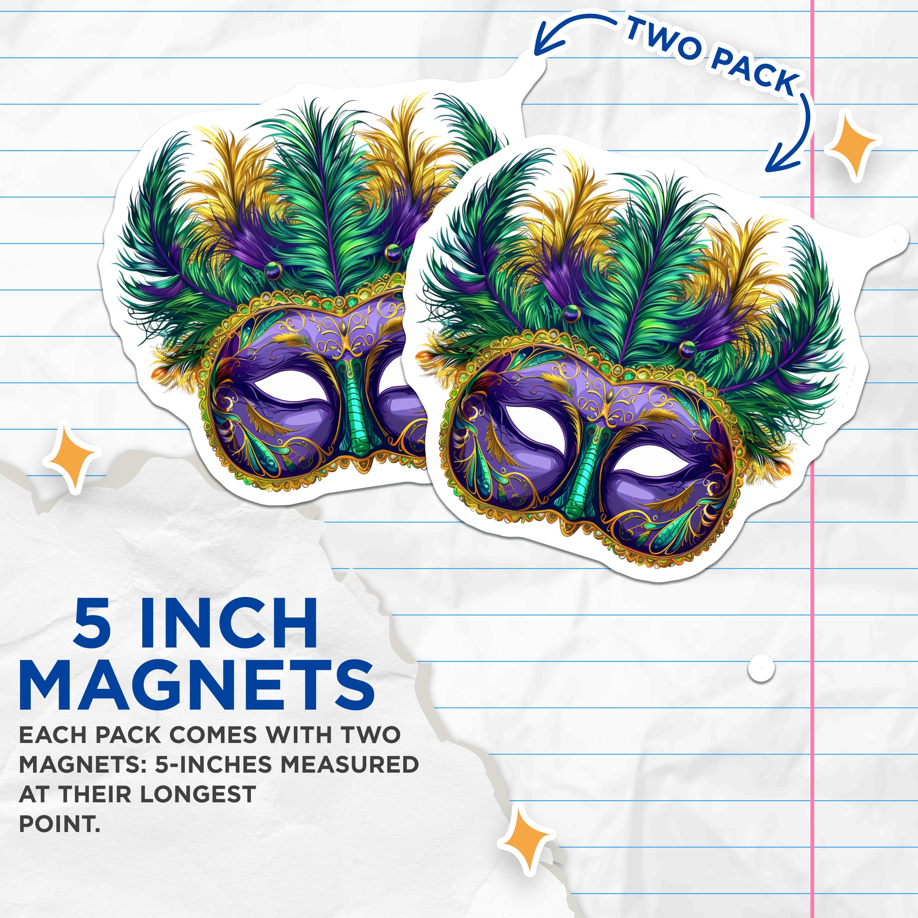 (2 Pack) Mardi Gras Mask Magnets - Festive Carnival Party Decor - Masquerade Ball Souvenir - New Orleans Celebration Keepsake - 5 Inches On Longest Side - Thick Durable Magnet - Made in USA - MAG36802