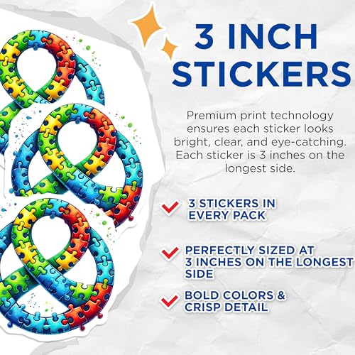 (3 Pack) Autism Awareness Decals - Infinity Puzzle Piece - Special Needs Support - 3 Inches On Longest Side - Easy Peel & Apply - Made in USA - 3MCS2463
