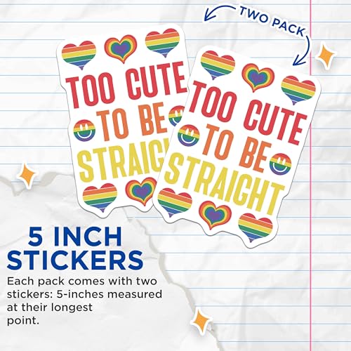 (2 Pack) Too Cute to Be Straight Stickers - LGBTQ Pride Stickers - Rainbow Heart Stickers - Supportive Stickers - 5" On Longest Side - Sticks to Smooth Flat Surfaces - Made in USA - BMCS4495
