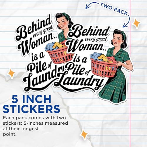 (2 Pack) Funny Laundry Stickers - Retro Woman Stickers - Household Chore Humor Stickers - 5" On Longest Side - Sticks to Any Smooth Flat Surface - Made in USA - BMCS2944