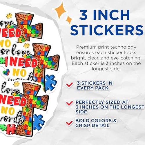 (3 Pack) Autism Awareness Decals - Love Need No Words - Puzzle Piece - 3 Inches On Longest Side - Easy Peel & Apply - Made in USA - 3MCS7406