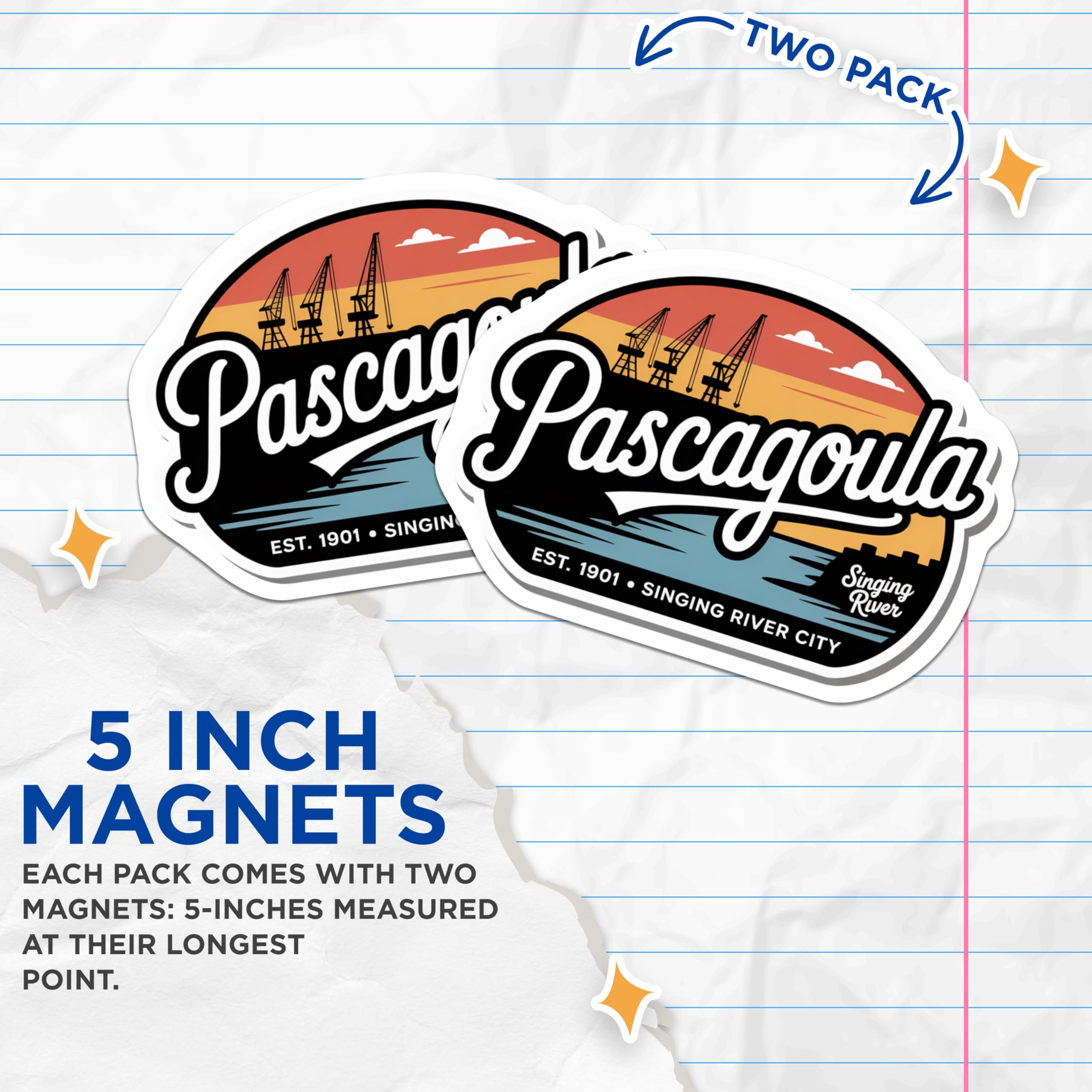 (2 Pack) Pascagoula Magnets - Singing River City - Mississippi Souvenir - 5" On Longest Side - Premium Magnet - for Cars, Refrigerators, Toolboxes, Lockers - Made in USA - MAG18921
