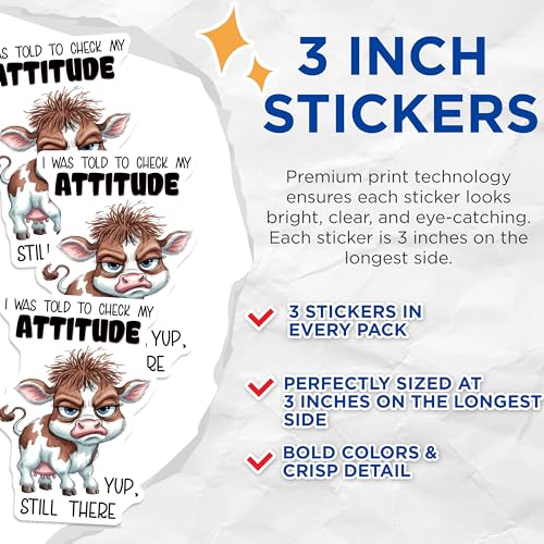 (3 Pack) Attitude Cow Decals - Funny Animal Stickers - Sassy Laptop Decals - 3 Inches On Longest Side - Easy Peel & Apply - Made in USA - 3MCS8567