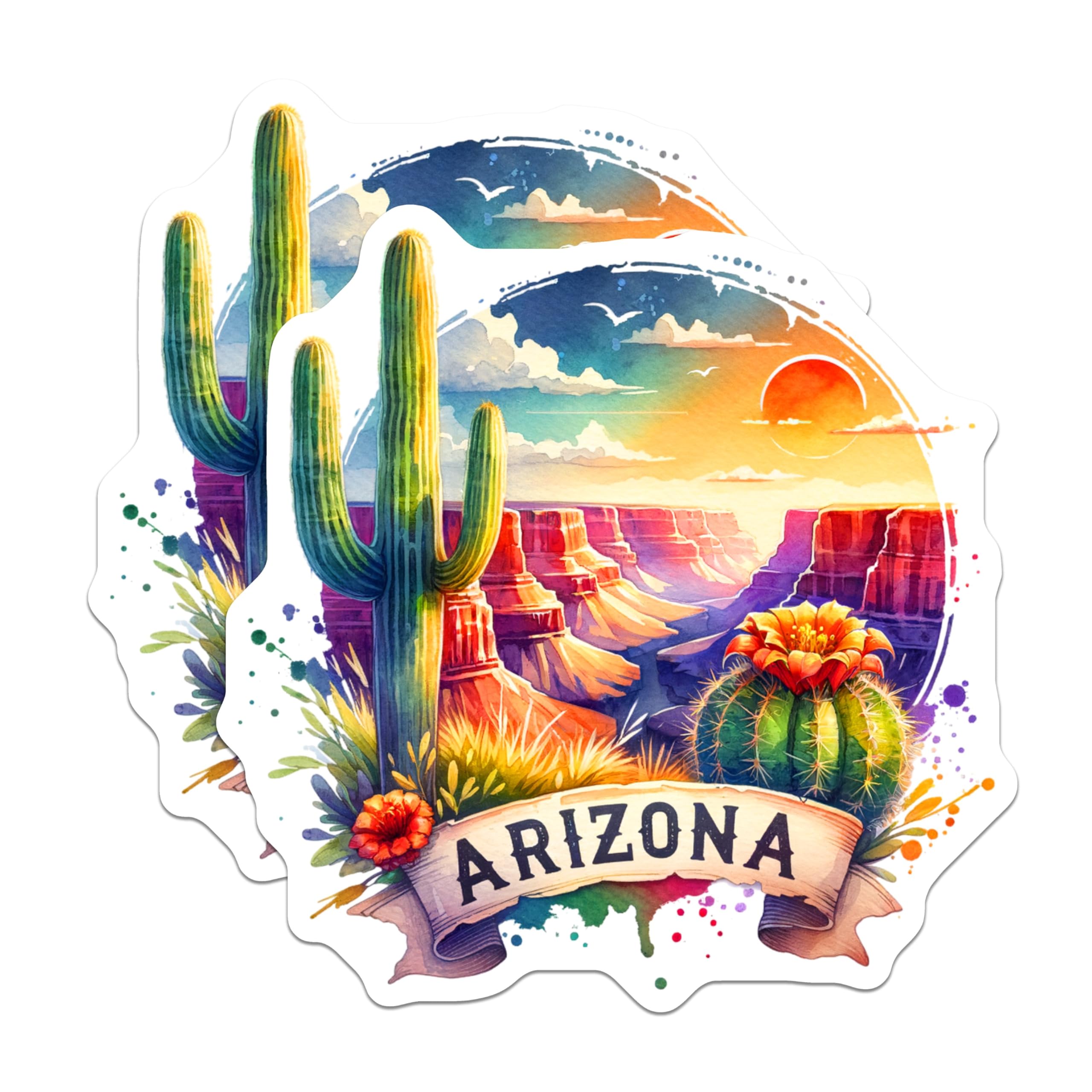 (2 Pack) Arizona Cactus Stickers - Desert Landscape - Watercolor Art Stickers - 5" On Longest Side - Sticks to Smooth Flat Surfaces - Made in USA - BMCS6547
