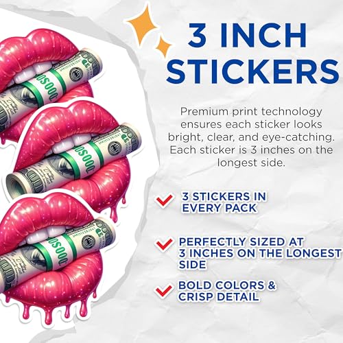 (3 Pack) Money Lips Decals - Hundred Dollar Bill - Laptop Decals - 3 Inches On Longest Side - Easy Peel & Apply - Made in USA - 3MCS0567