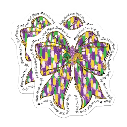 (2 Pack) Happy Mardi Gras Y'all Stickers - Mardi Gras Bow Stickers - Festival Decoration Stickers - 5" On Longest Side - Sticks to Any Smooth Flat Surface - Made in USA - BMCS3484