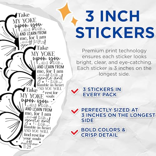 (3 Pack) Matthew 11 29 Decals - Religious Scripture Vinyl - Faith Flower Laptop Decal - 3 Inches On Longest Side - Easy Peel & Apply - Made in USA - 3MCS2623