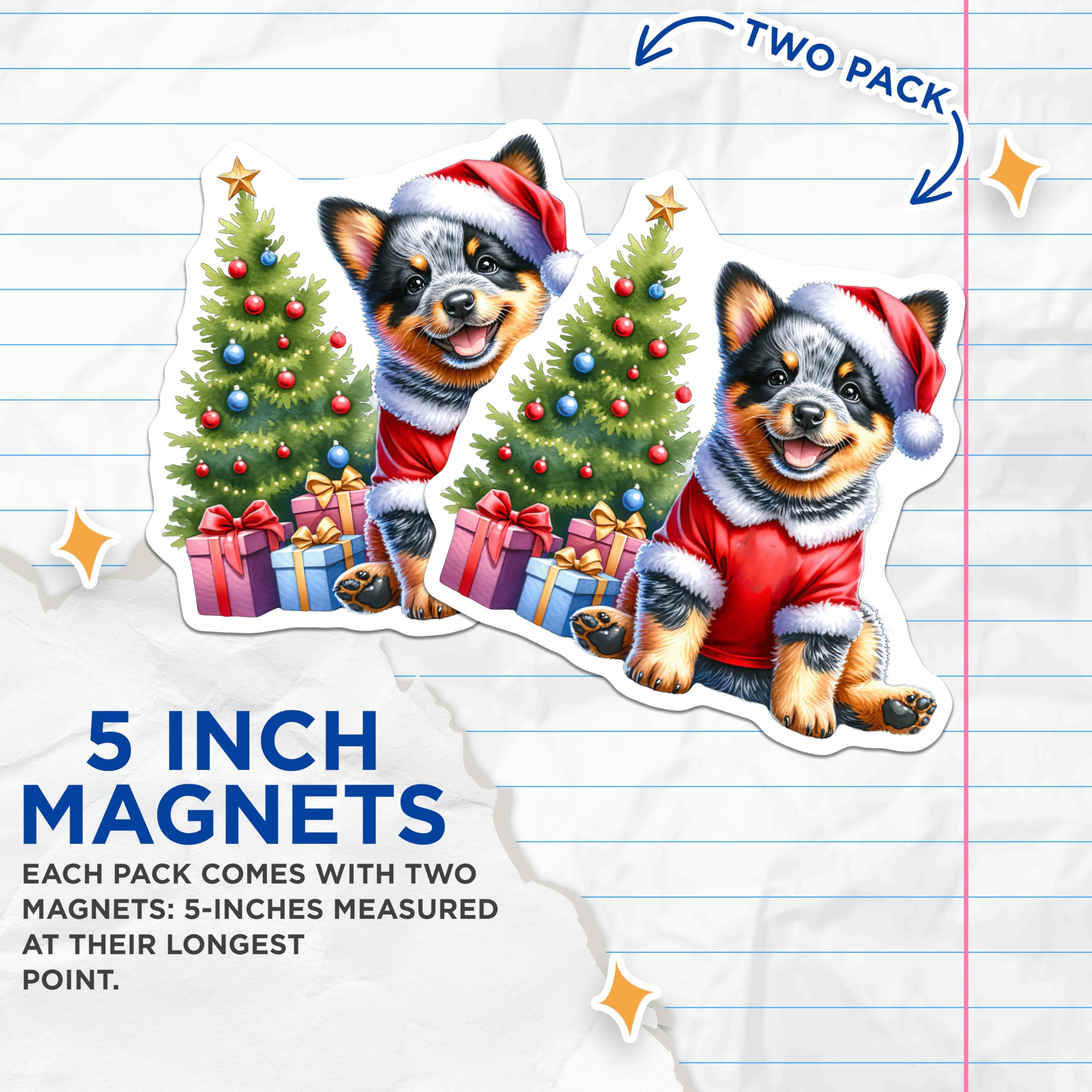 (2 Pack) Blue Heeler Puppy Magnets - Santa Christmas Dog Decor - Festive Pet Refrigerator Decoration - 5 Inches On Longest Side - Thick Durable Magnet - Made in USA - MAG24073