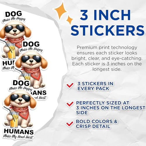 (3 Pack) Dog Make Me Happy Decals - Funny Dog Lover - Laptop Decal - 3 Inches On Longest Side - Easy Peel & Apply - Made in USA - 3MCS1713