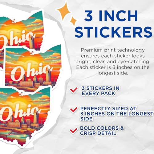 (3 Pack) Ohio Skyline Decals - Cityscape State - Laptop Decals - 3 Inches On Longest Side - Easy Peel & Apply - Made in USA - 3MCS4003