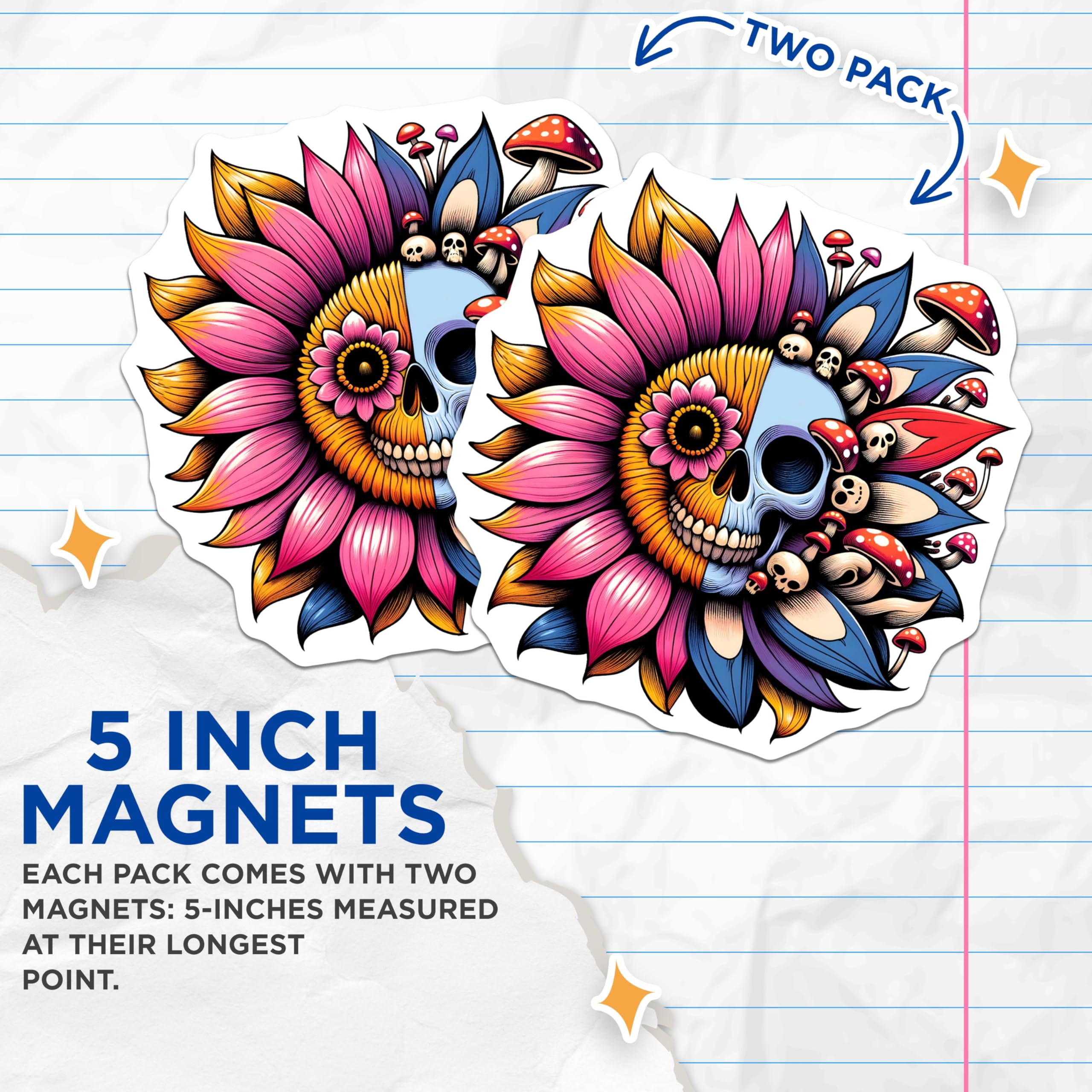 (2 Pack) Skull Flower Magnets - Mushroom Decor - Unique Refrigerator Magnets - 5" On Longest Side - Premium Magnet - for Cars, Refrigerators, Toolboxes, Lockers - Made in USA - MAG14276