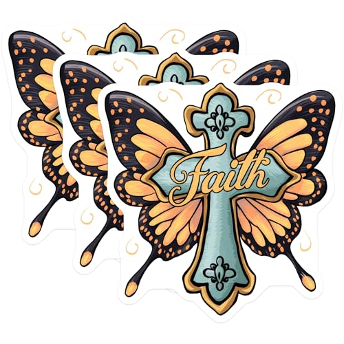 (3 Pack) Faith Cross Decals - Butterfly Wings Religious Decal - Laptop Decal - 3 Inches On Longest Side - Easy Peel & Apply - Made in USA - 3MCS7506