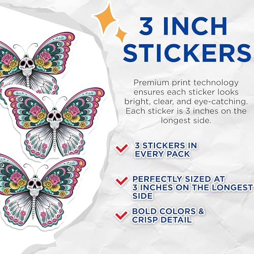 (3 Pack) Sugar Skull Butterfly Decals - Calavera Art - Floral Skull Laptop Stickers - 3 Inches On Longest Side - Easy Peel & Apply - Made in USA - 3MCS8223
