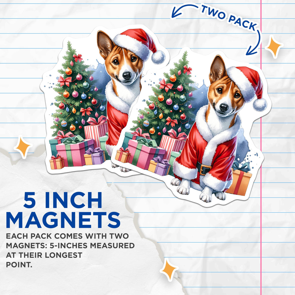 (2 Pack) Christmas Dog Magnets - Festive Santa Basenji Decor - Winter Holiday Canine Art - 5 Inches On Longest Side - Thick Durable Magnet - Made in USA - MAG24358