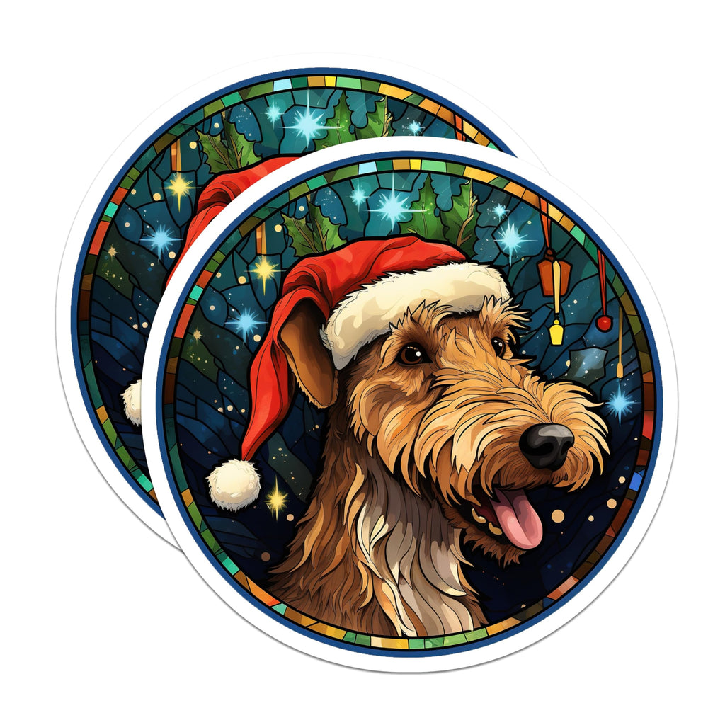 (2 Pack) Christmas Dog Magnets - Stained Glass Pet Art - Airedale Terrier Holiday Decor - 5 Inches On Longest Side - Thick Durable Magnet - Made in USA - MAG30813