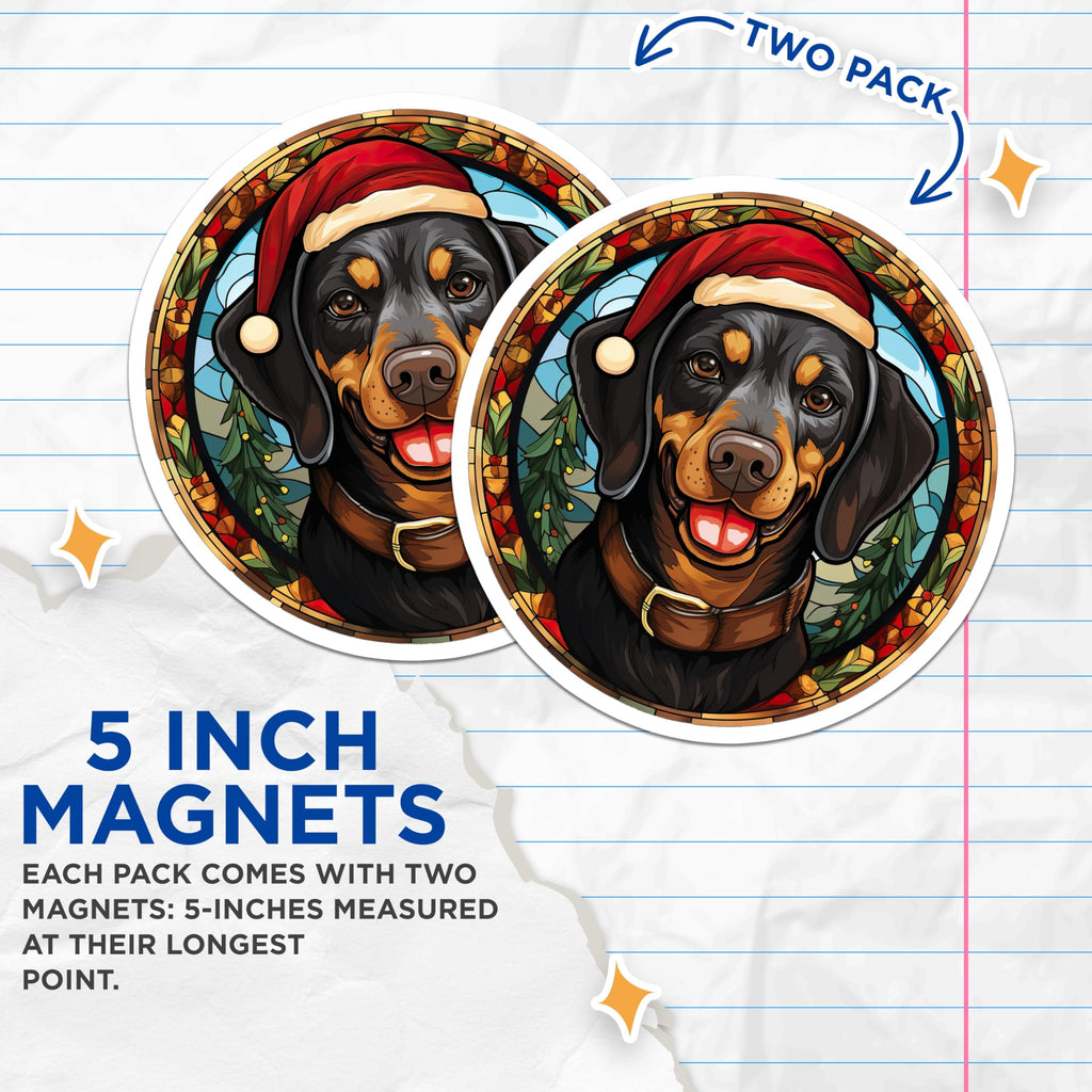 (2 Pack) Dachshund Christmas Magnets - Stained Glass Dog Art - Holiday Santa Hat Refrigerator Magnets - 5 Inches On Longest Side - Thick Durable Magnet - Made in USA - MAG30509