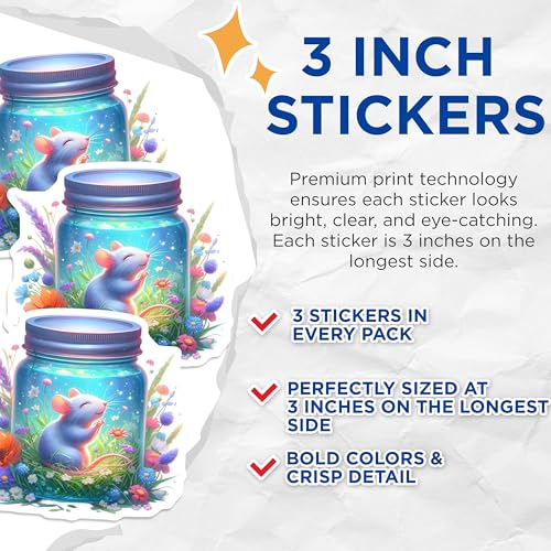 (3 Pack) Mouse in Jar Decals - Cute Rodent Stickers - Floral Meadow Decal - 3 Inches On Longest Side - Easy Peel & Apply - Made in USA - 3MCS8130