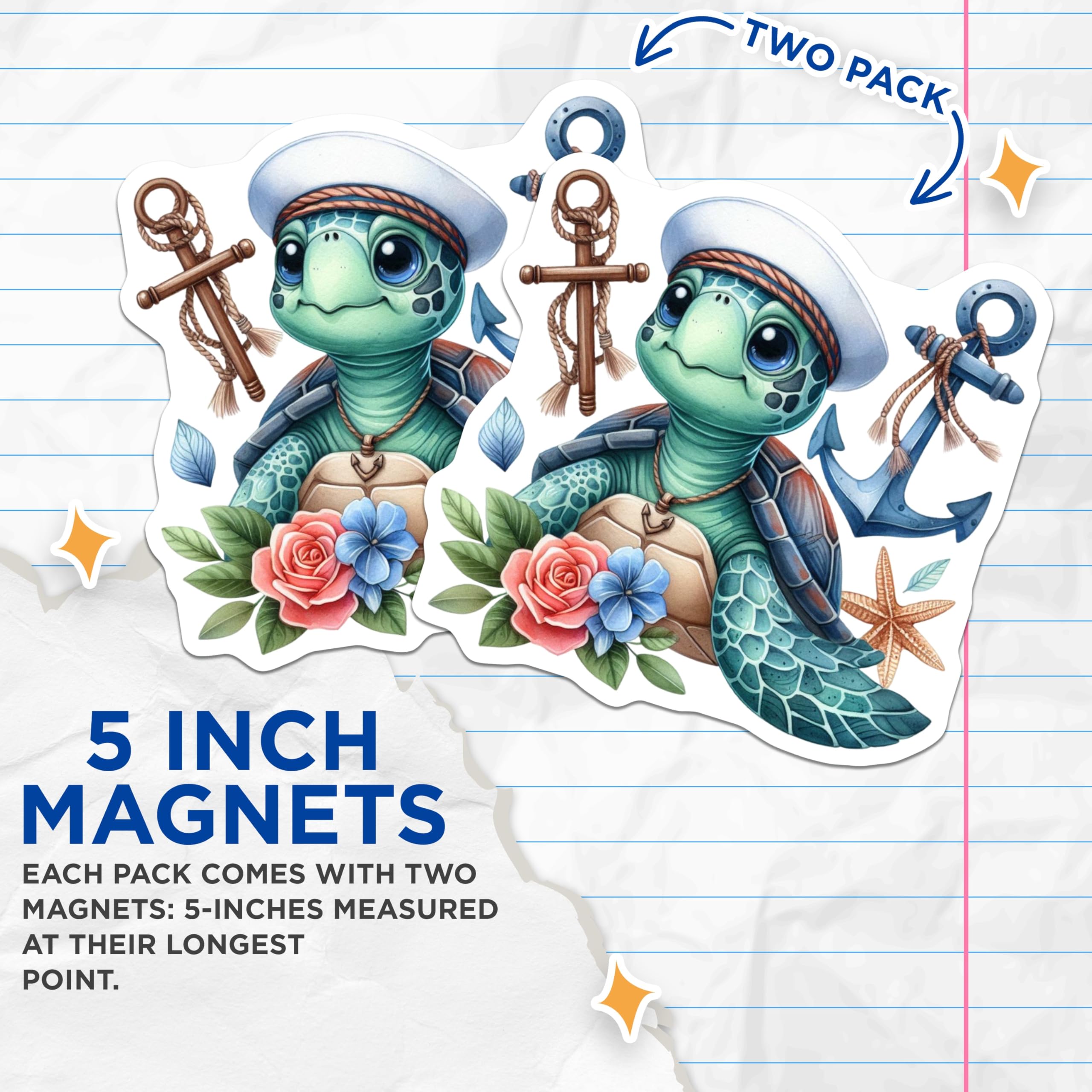 (2 Pack) Cute Sailor Turtle Magnets - Nautical Ocean Art - Sea Life Fridge Decor - 5 Inches On Longest Side - Thick Durable Magnet - Made in USA - MAG20693