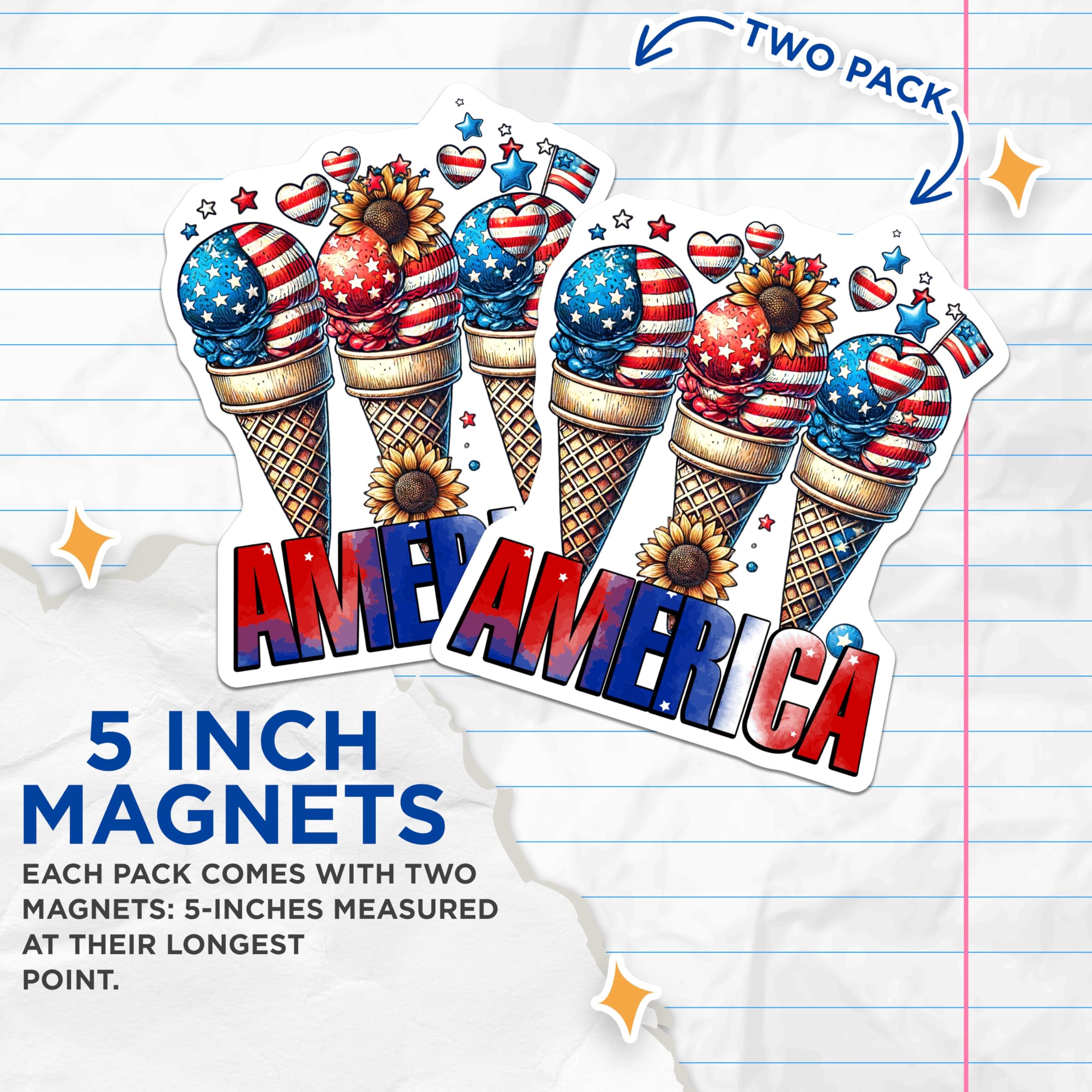 (2 Pack) Patriotic Ice Cream Magnets - American Flag Decoration - Fourth of July Celebration - Sunflower and Heart Design - 5" On Longest Side - for Cars, Fridges, Toolboxes - Made in USA - MAG7872