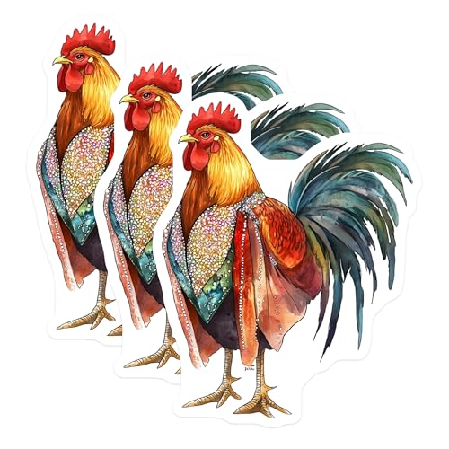 (3 Pack) Rooster Decals - Colorful Rooster - Laptop Decals - 3 Inches On Longest Side - Easy Peel & Apply - Made in USA - 3MCS8276
