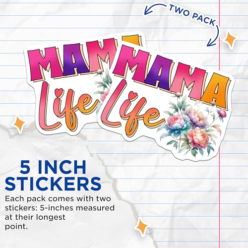 (2 Pack) Mama Life Stickers - Floral Design - Motherhood - Cute Flower - Inspirational Mom - 5" On Longest Side - Sticks to Smooth Flat Surfaces - Made in USA - BMCS8183