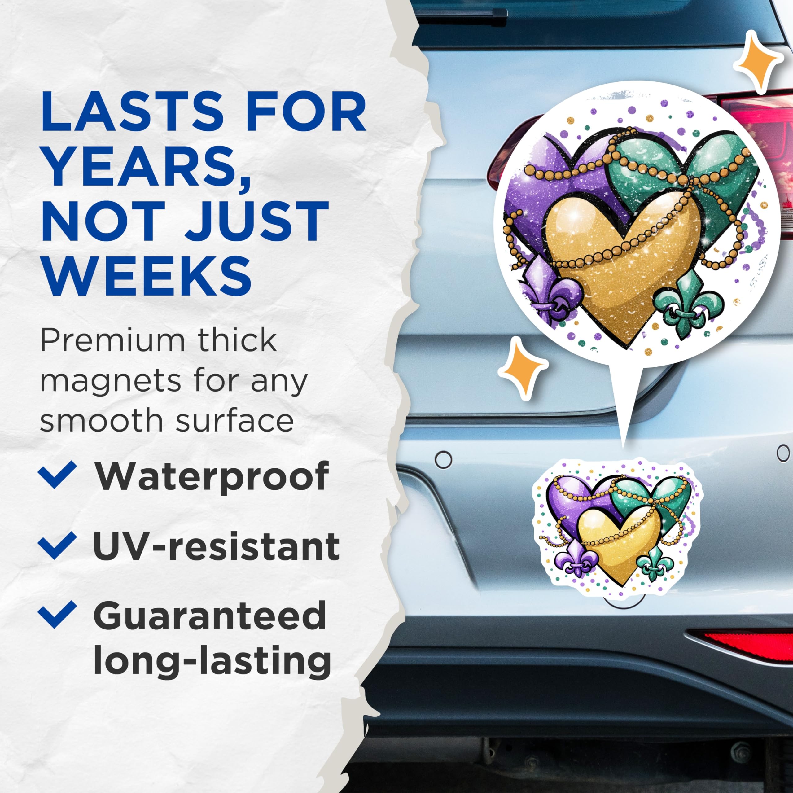 (2 Pack) Mardi Gras Heart Magnets - New Orleans Decor - Party Celebration Souvenir - 5" On Longest Side - Premium Magnet - for Cars, Refrigerators, Toolboxes, Lockers - Made in USA - MAG14373