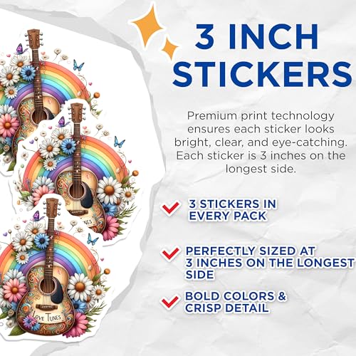 (3 Pack) Guitar Rainbow Decals - Musical Instrument Stickers - Flower Power Decal - 3 Inches On Longest Side - Easy Peel & Apply - Made in USA - 3MCS4912