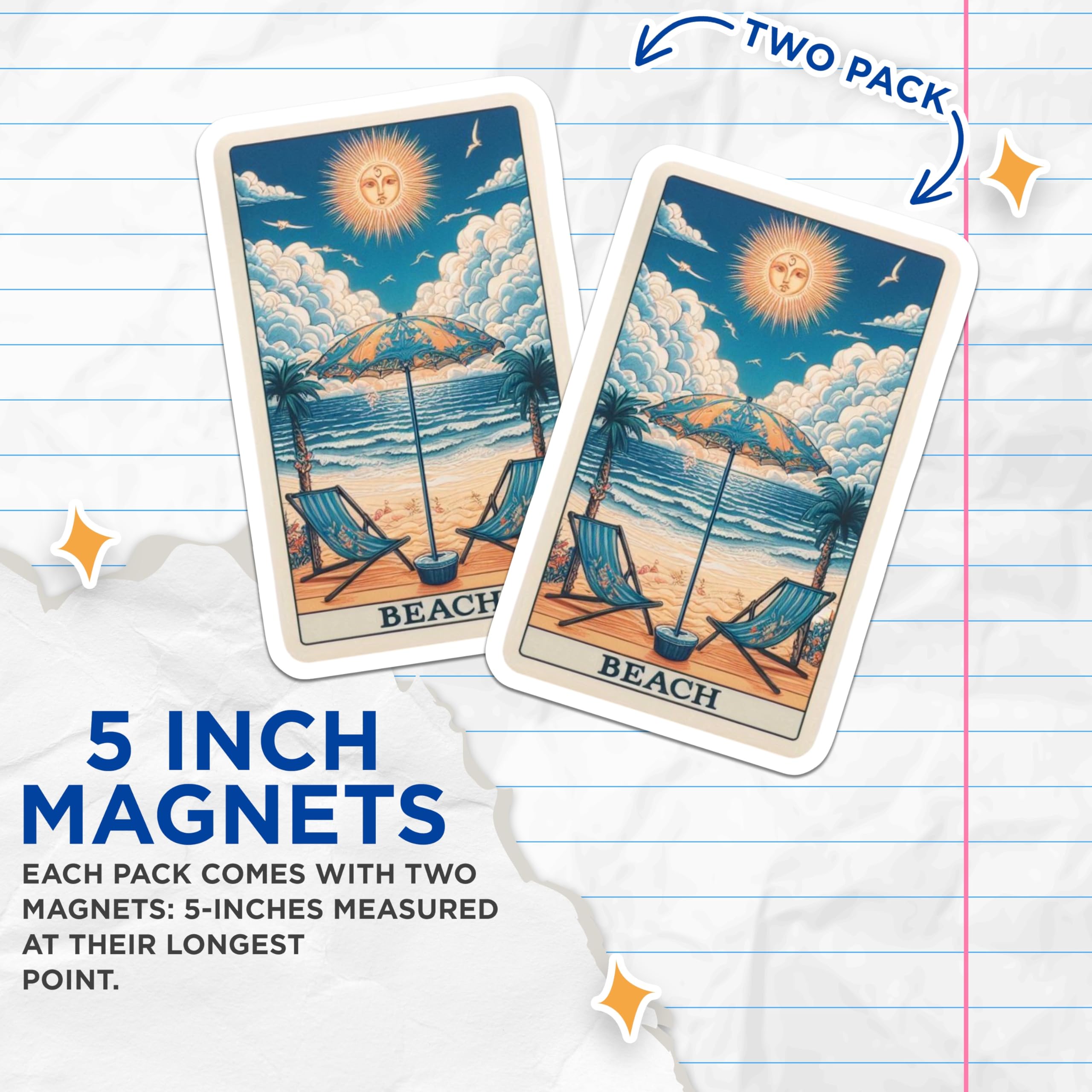 (2 Pack) Beach Scene Magnets - Sun Face Art - Vacation Magnets - 5" On Longest Side - Premium Magnet - for Cars, Refrigerators, Toolboxes, Lockers - Made in USA - MAG15027