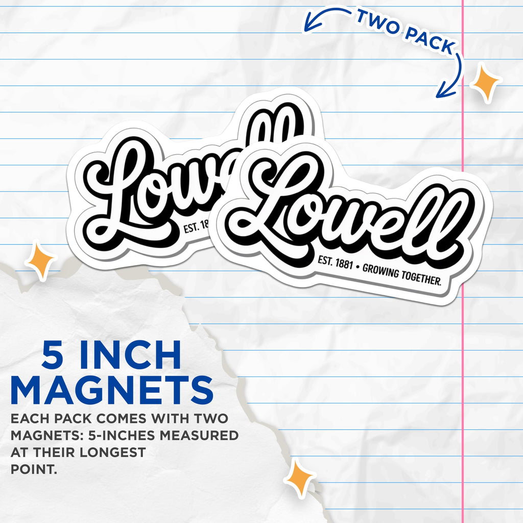 (2 Pack) Lowell EST 1881 Magnets - Growing Together Motto - City Logo - Local Area Souvenir - Refrigerator Decor - 5 Inches On Longest Side - Thick Durable Magnet - Made in USA - MAG19103