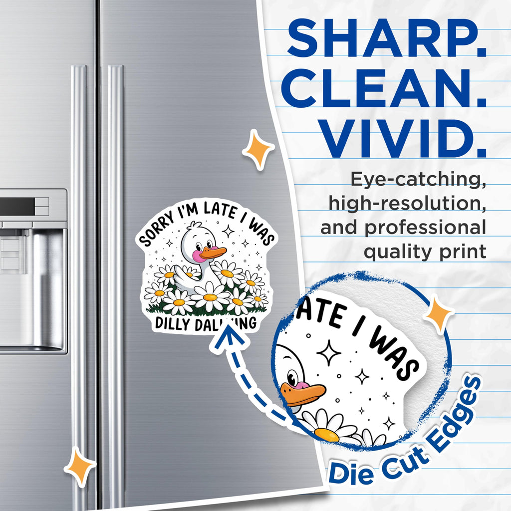 (2 Pack) Dilly Dallying Duck Magnets - Funny Procrastination Humorous Art - Cute Daisy Flower Decor for Fridge - 5 Inches On Longest Side - Thick Durable Magnet - Made in USA - MAG21265