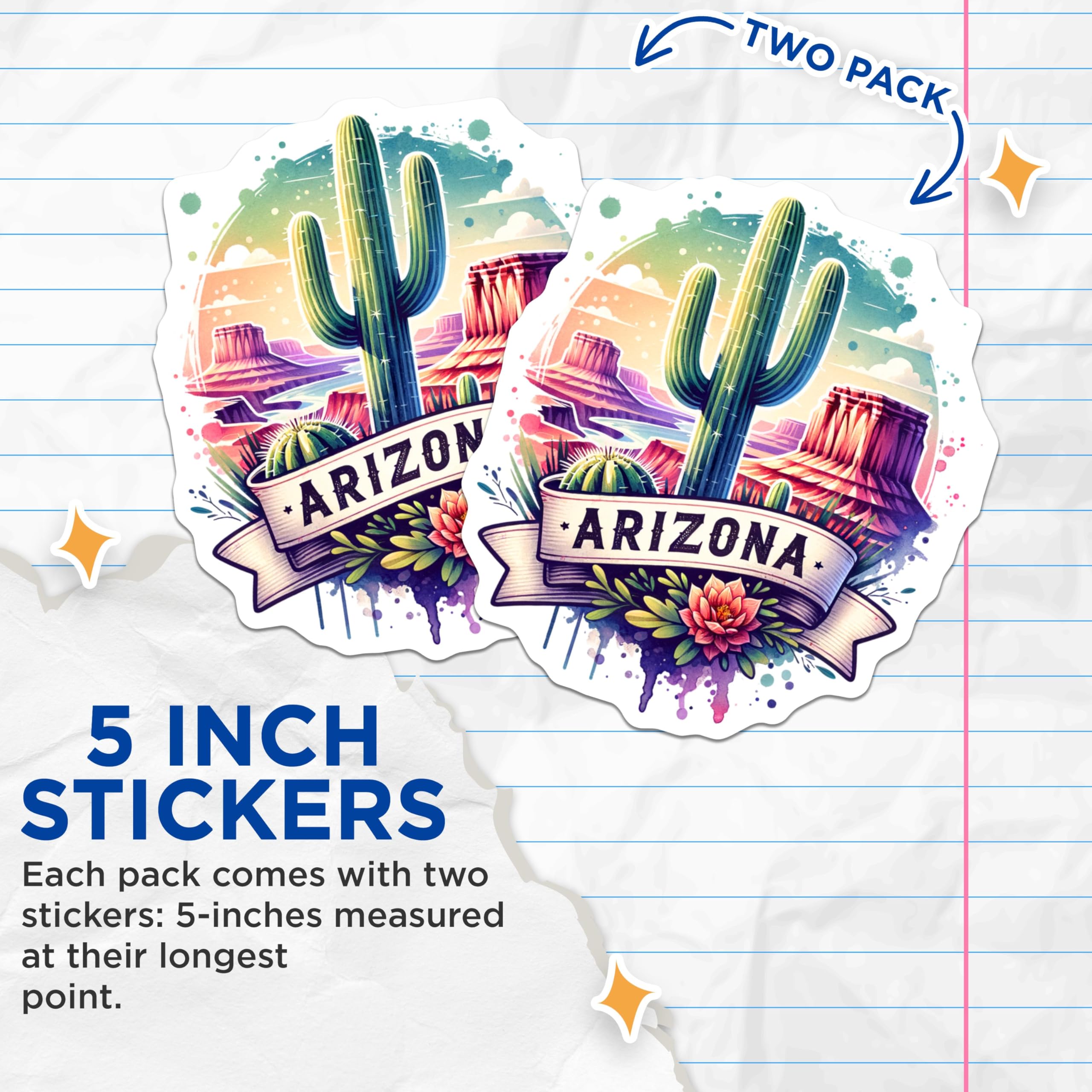(2 Pack) Arizona Stickers - Cactus Art - Desert Landscape Stickers - 5" On Longest Side - Sticks to Smooth Flat Surfaces - Made in USA - BMCS6821