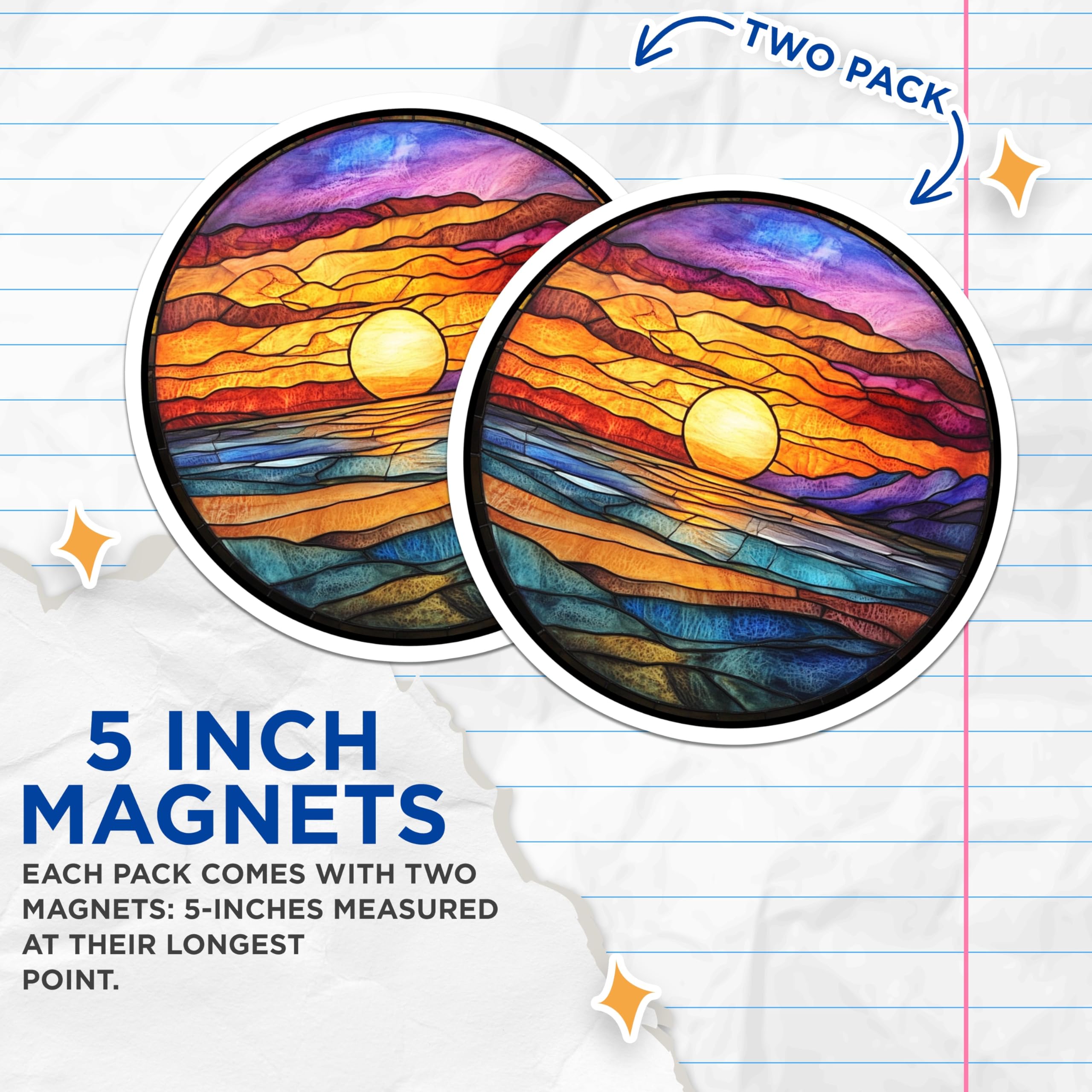 (2 Pack) Stained Glass Sunset Magnets - Vibrant Ocean Horizon Decor - Artistic Boho Kitchen Decor Accent - 5 Inches On Longest Side - Thick Durable Magnet - Made in USA - MAG25833