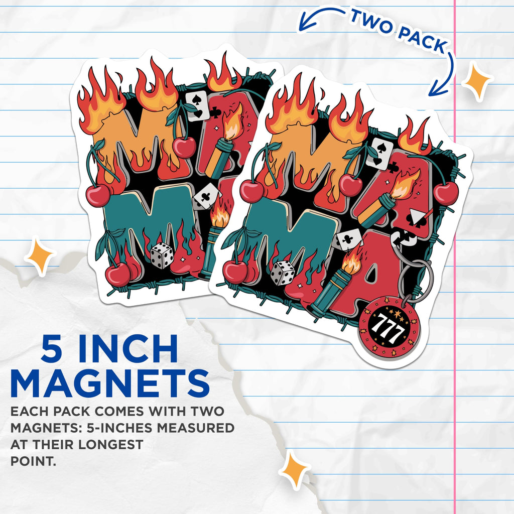 (2 Pack) Mama Magnets - Edgy Tattoo Artwork - Retro Flame Cherries 777 Lucky Dice Barbed Wire - 5 Inches On Longest Side - Thick Durable Magnet - Made in USA - MAG22836